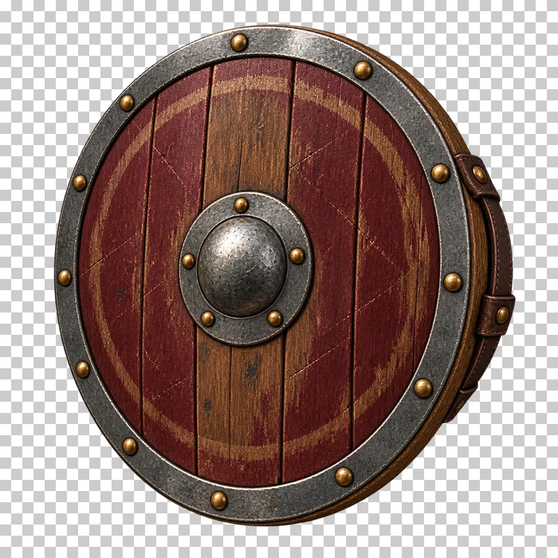 A round wooden shield with burgundy paint, a steel rim and a central metal boss.