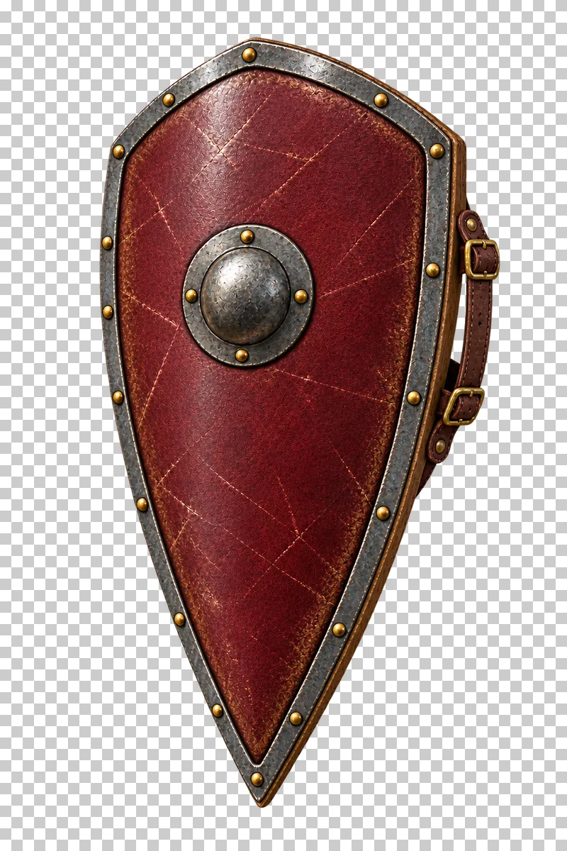 A tall burgundy kite shield with a steel rim, central boss and brass rivets.