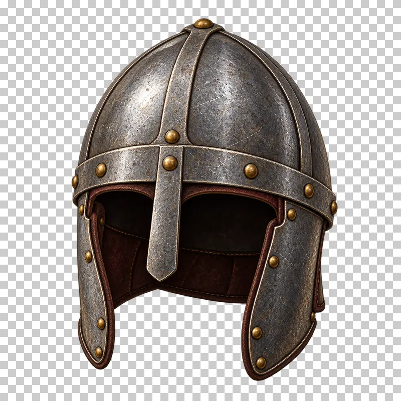 A hollow steel helmet with a nasal guard, cheek plates and dark leather lining.