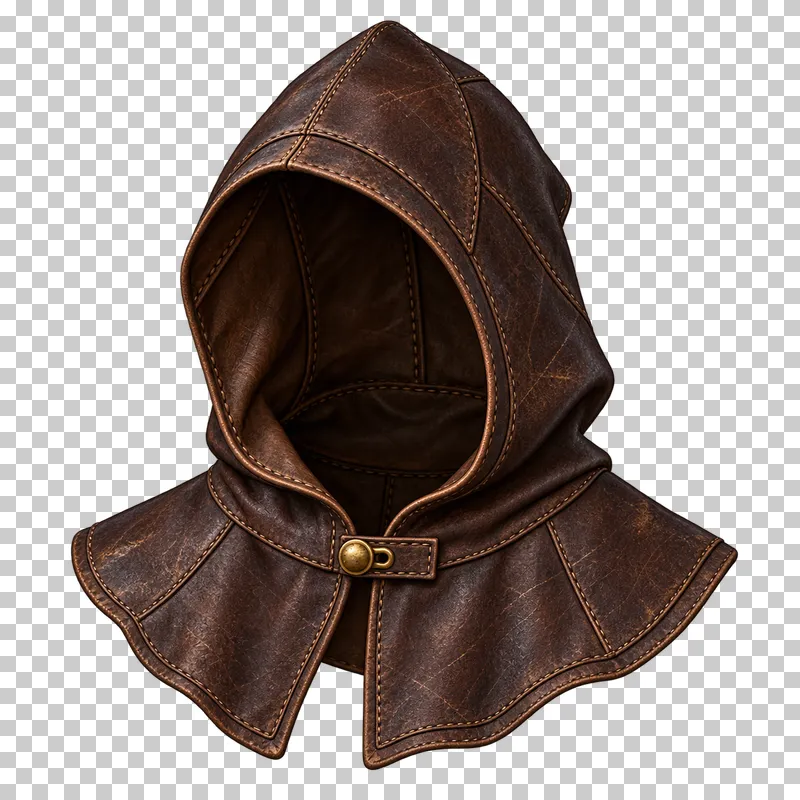 An empty stitched dark leather hood with a short shoulder skirt and brass clasp.