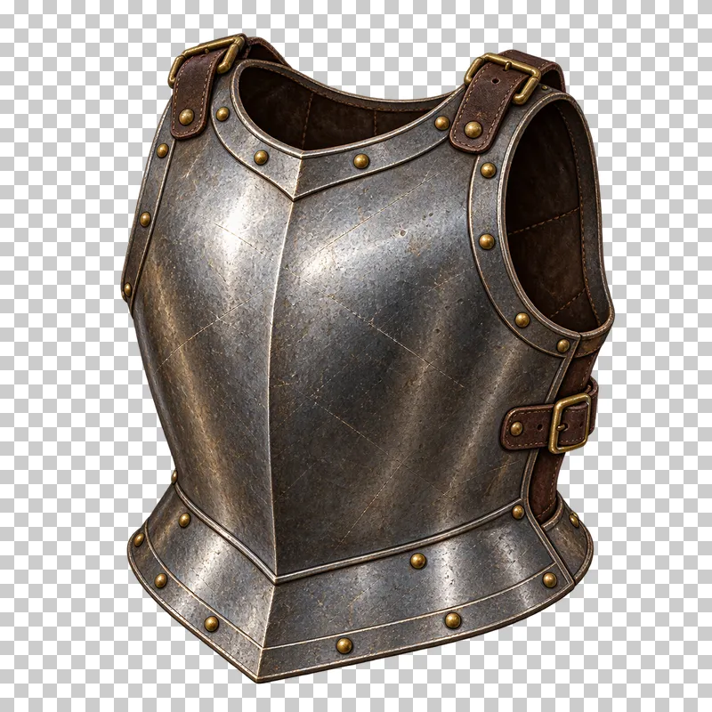 A standalone steel breastplate with dark leather straps and brass buckles.