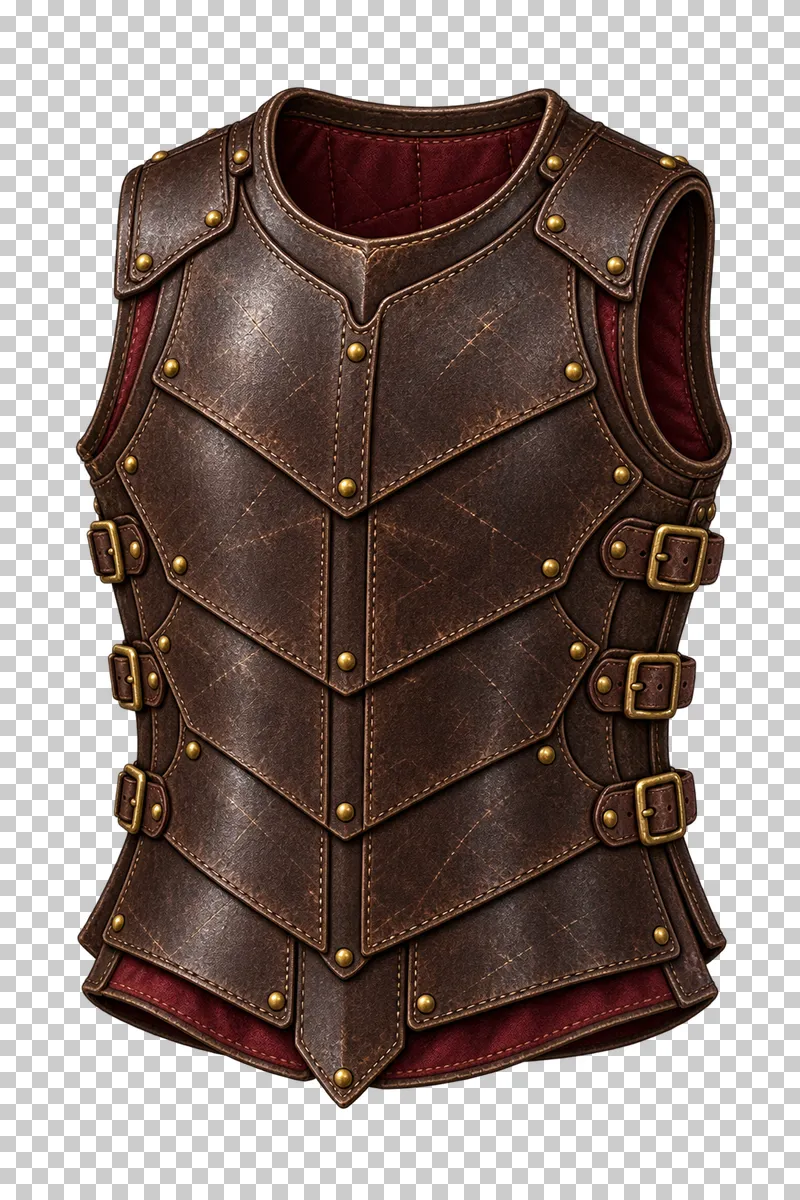 A standalone layered leather torso armor vest with side buckles and burgundy lining.