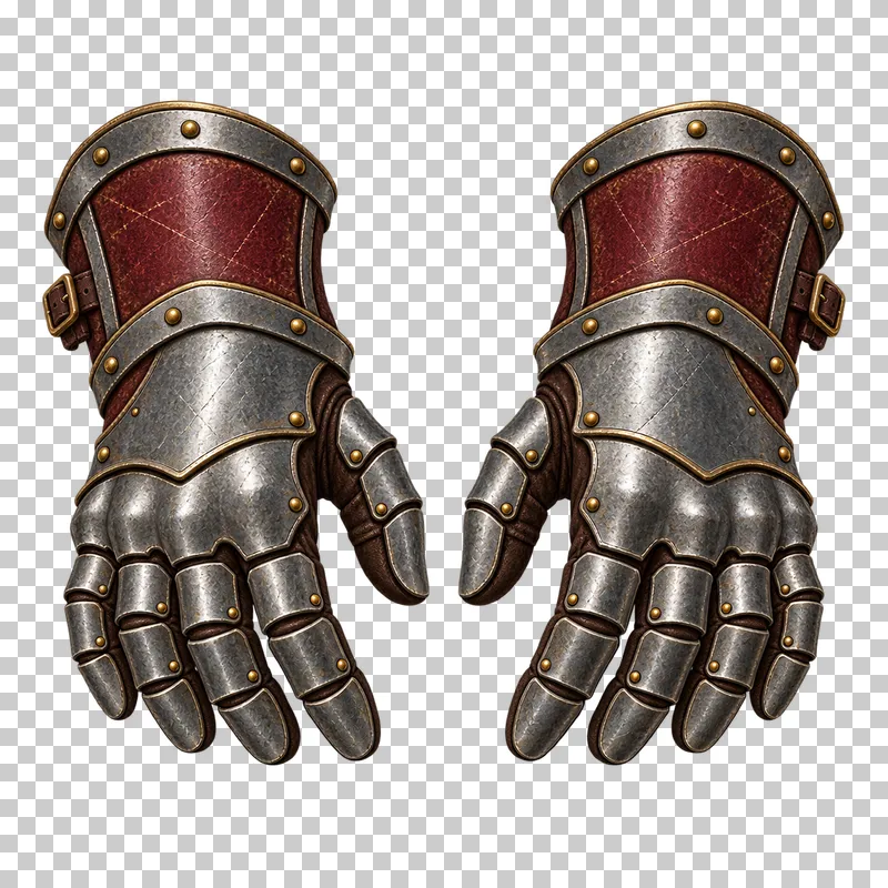 A matching pair of articulated steel gauntlets with leather gloves and burgundy cuffs.