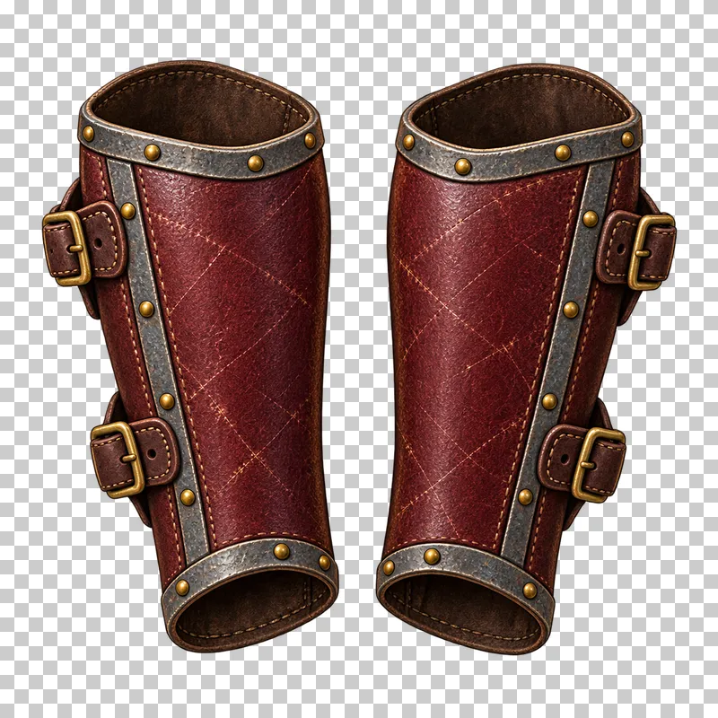 A matching pair of leather forearm bracers with metal edging and brass buckles.