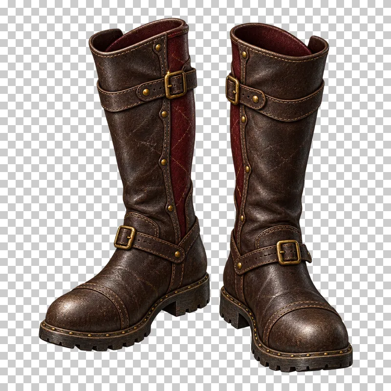 A matching pair of tall dark leather boots with sturdy soles and buckled straps.