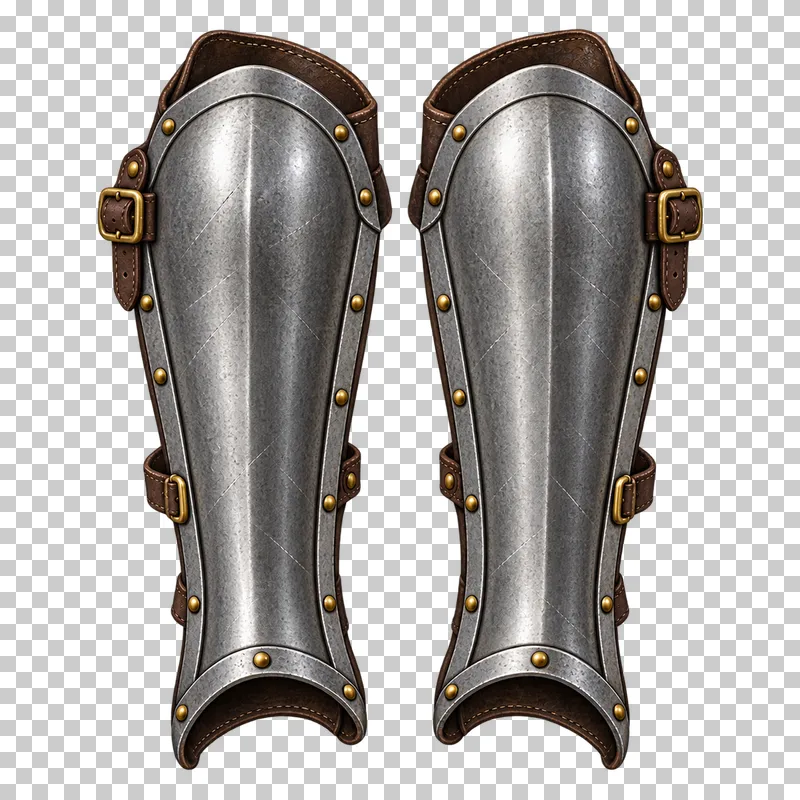 A matching pair of curved steel shin greaves with leather lining and buckled straps.