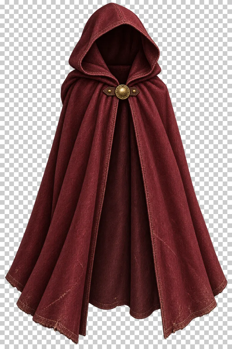 An unworn burgundy travelling cloak with an empty hood and brass throat clasp.