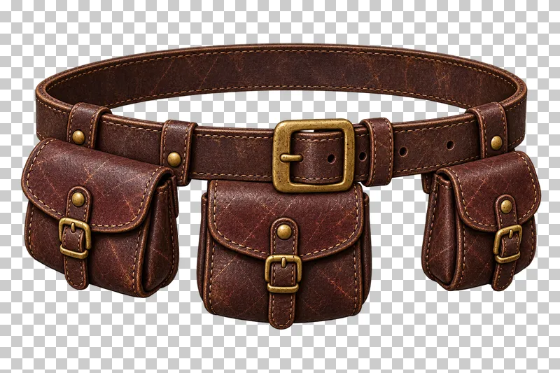 A dark leather belt with a brass buckle and three attached closed pouches.