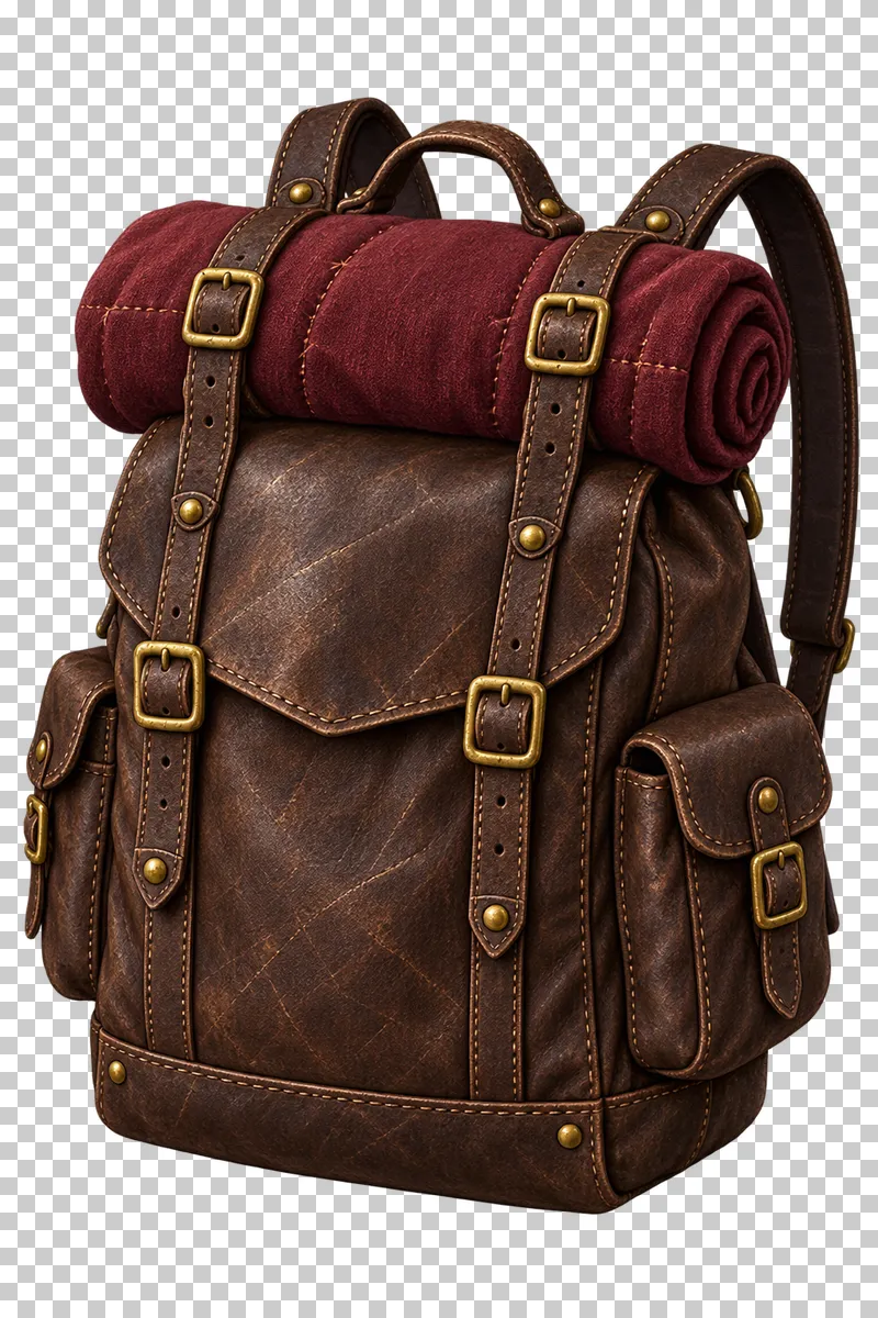 A dark leather travelling backpack with shoulder straps, side pockets and a burgundy bedroll.