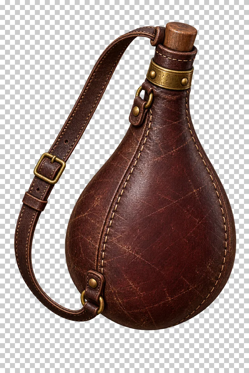 A stitched leather waterskin with a wooden stopper and a complete carrying strap.