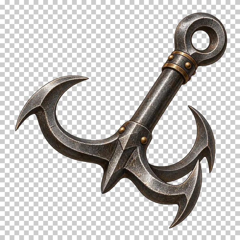 A forged steel grappling hook with curved prongs and a closed attachment eye.