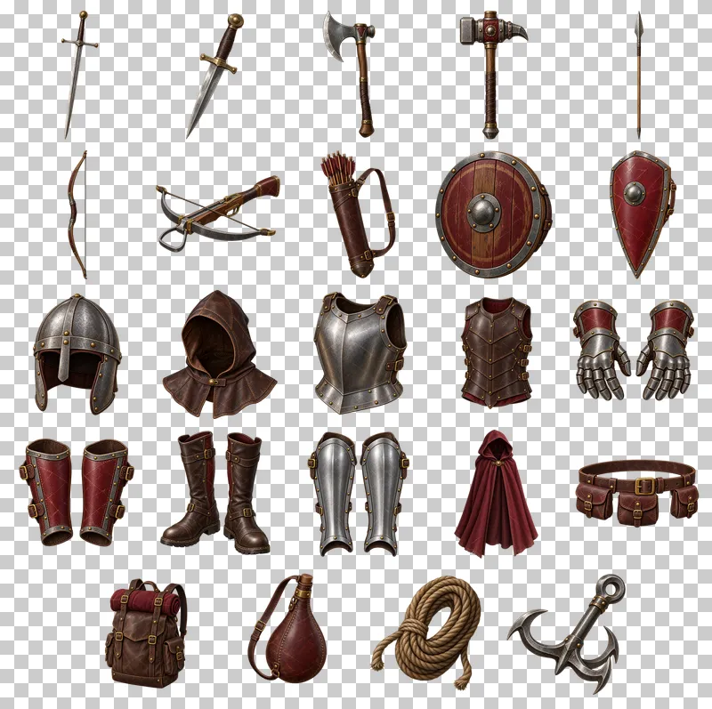 Fantasy Adventurer Equipment PNG Collection: all 24 elements in one grid