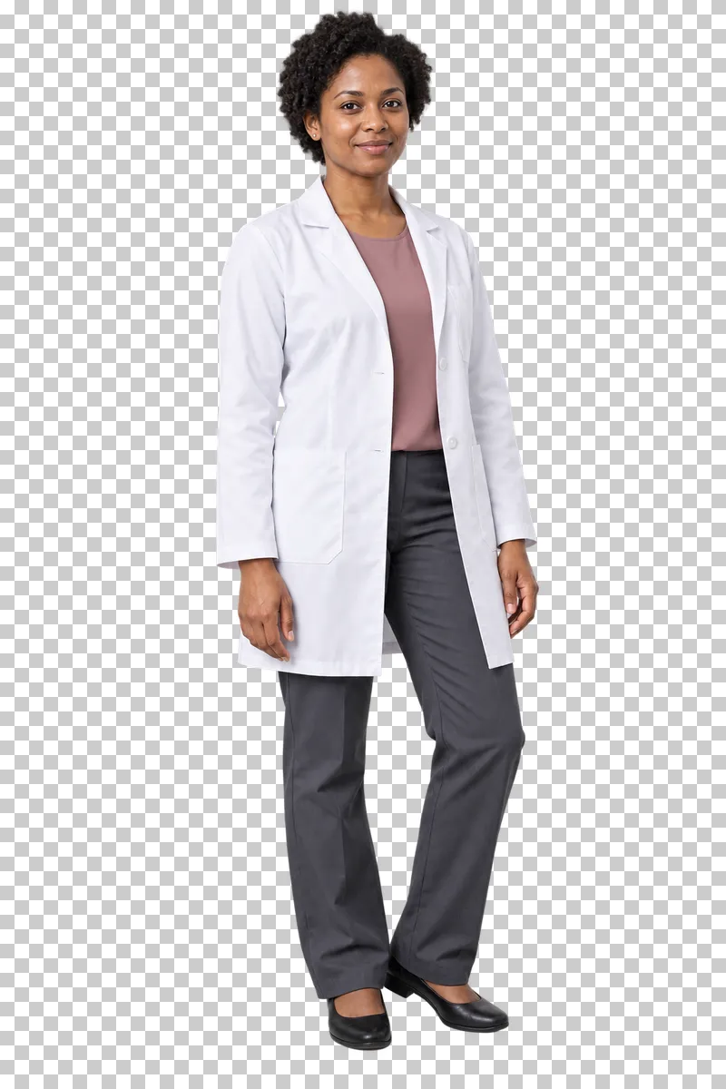 A woman with short curls in a white medical coat standing with her arms relaxed at her sides.