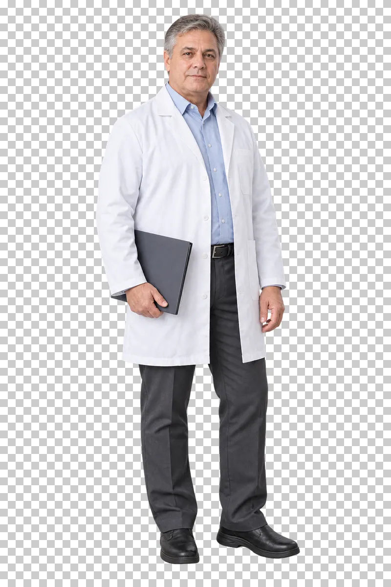 A gray-haired man in a white medical coat holding a dark folder at his side.