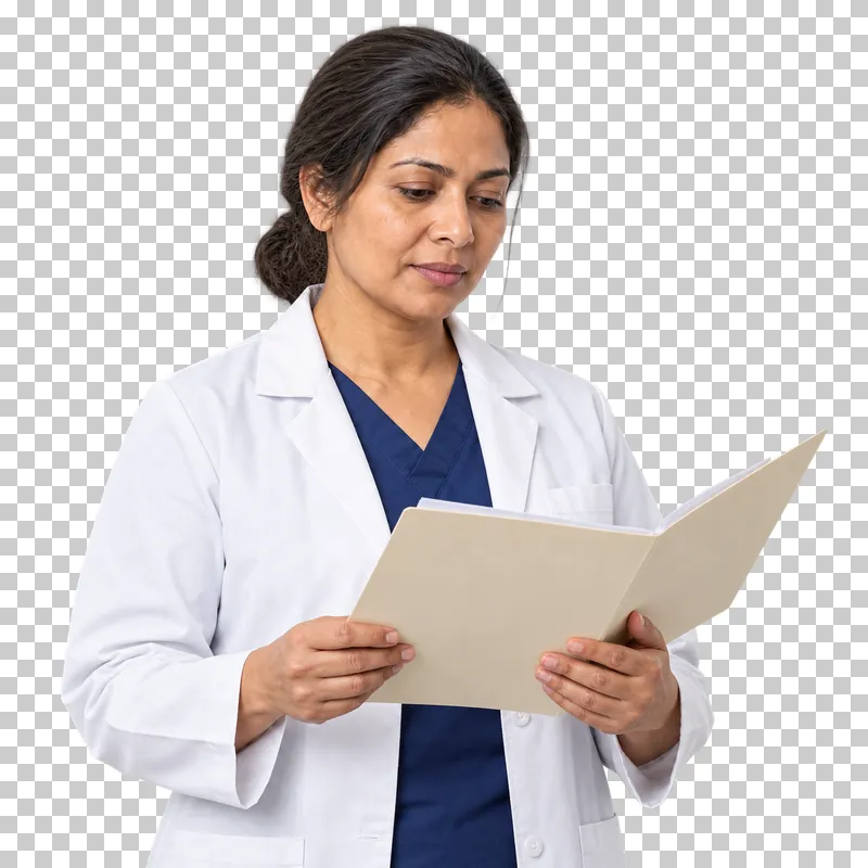 A waist-up portrait of a woman in a white medical coat reading an open document folder.