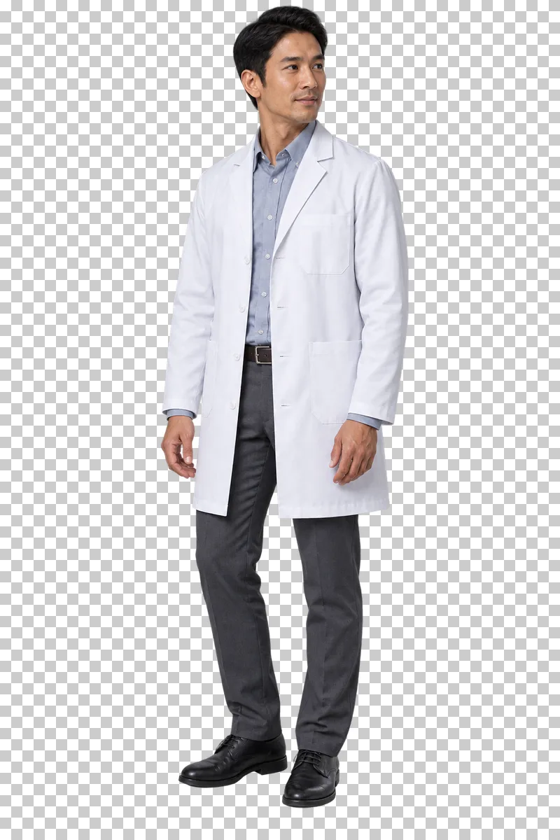 A man in a white medical coat standing and listening to someone outside the frame.