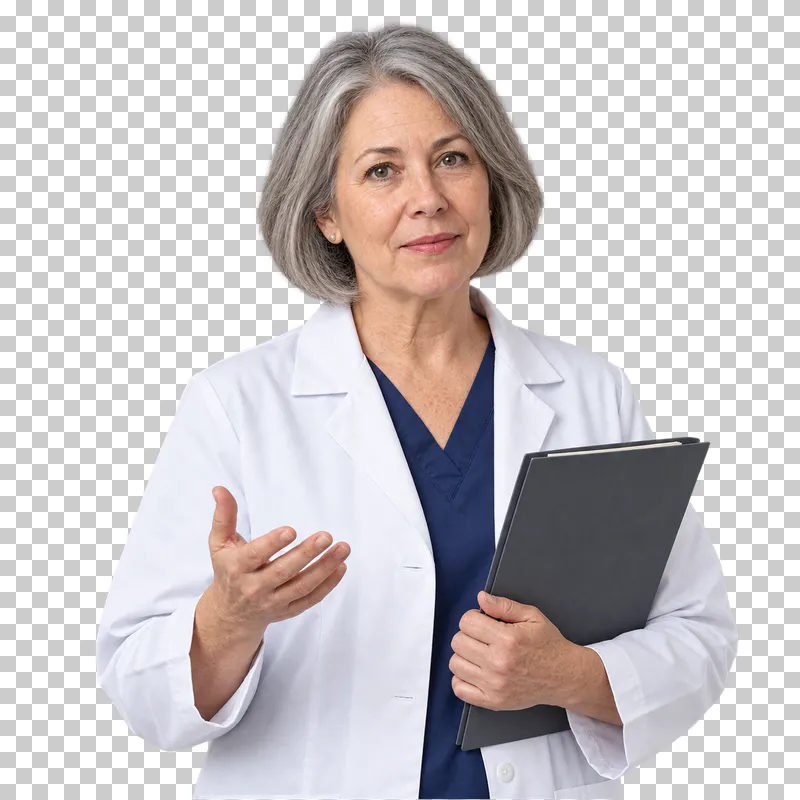 A waist-up portrait of a gray-haired woman in a white medical coat explaining with an open hand and holding a folder.