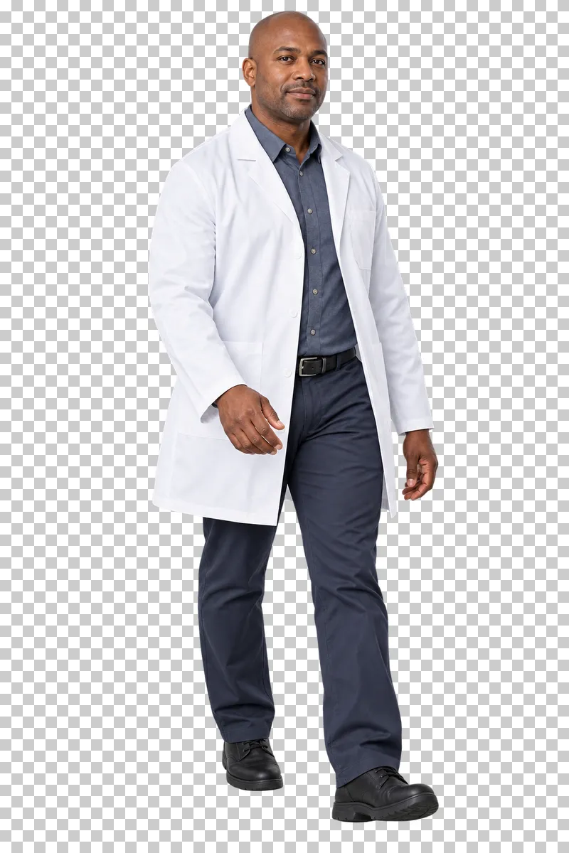 A man with a shaved head in a white medical coat taking a walking step.