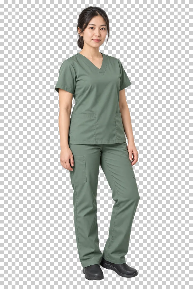 A woman in sage green scrubs standing with her arms relaxed at her sides.