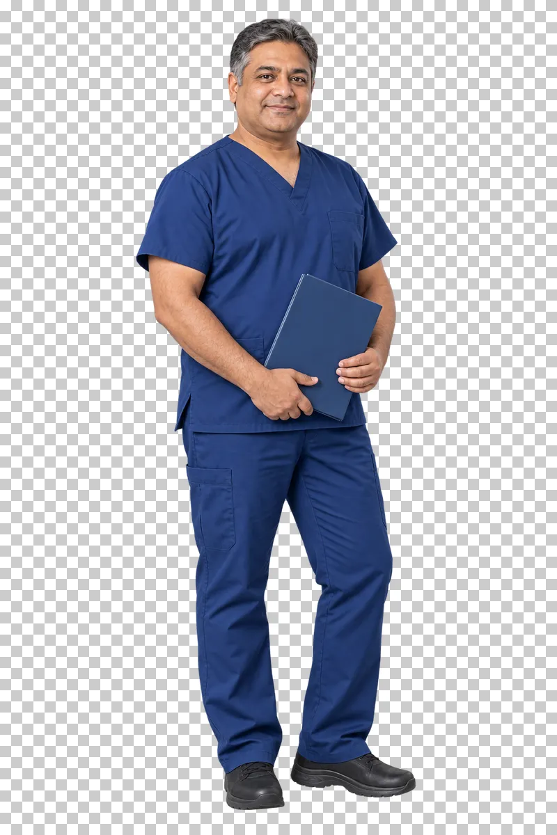 A man in navy blue scrubs holding a closed folder with both hands.