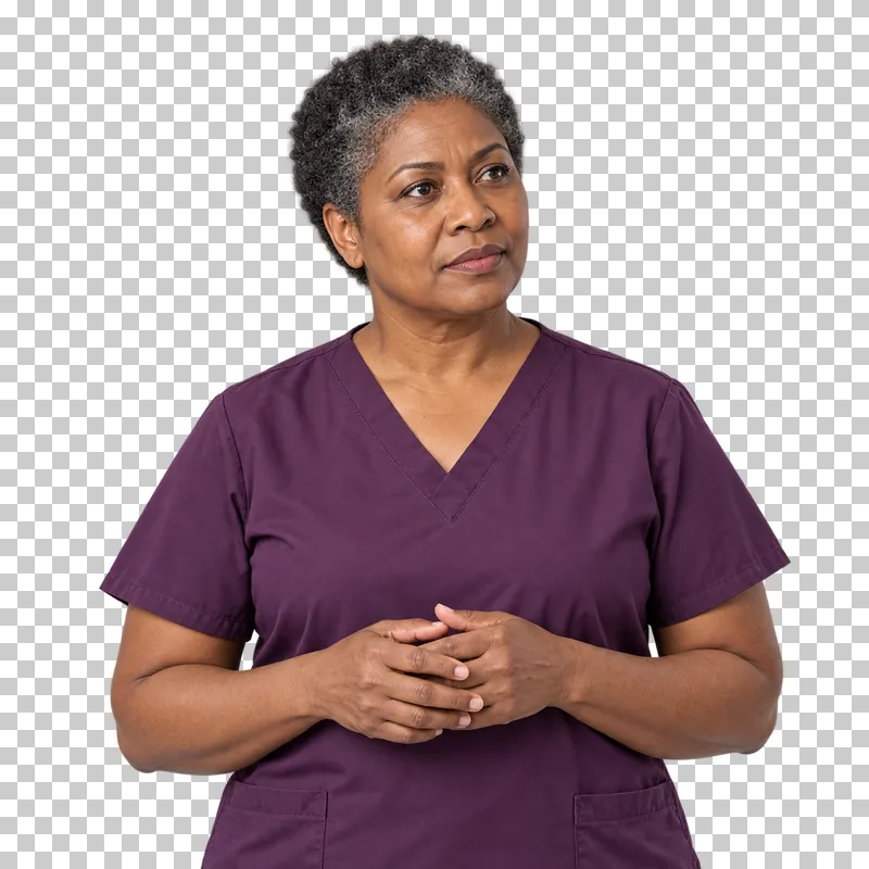 A waist-up portrait of a woman in muted plum scrubs listening with her hands loosely gathered.