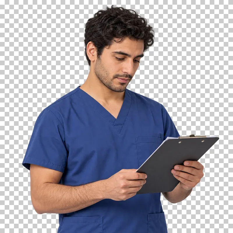A waist-up portrait of a man in blue scrubs reading a document on a clipboard.
