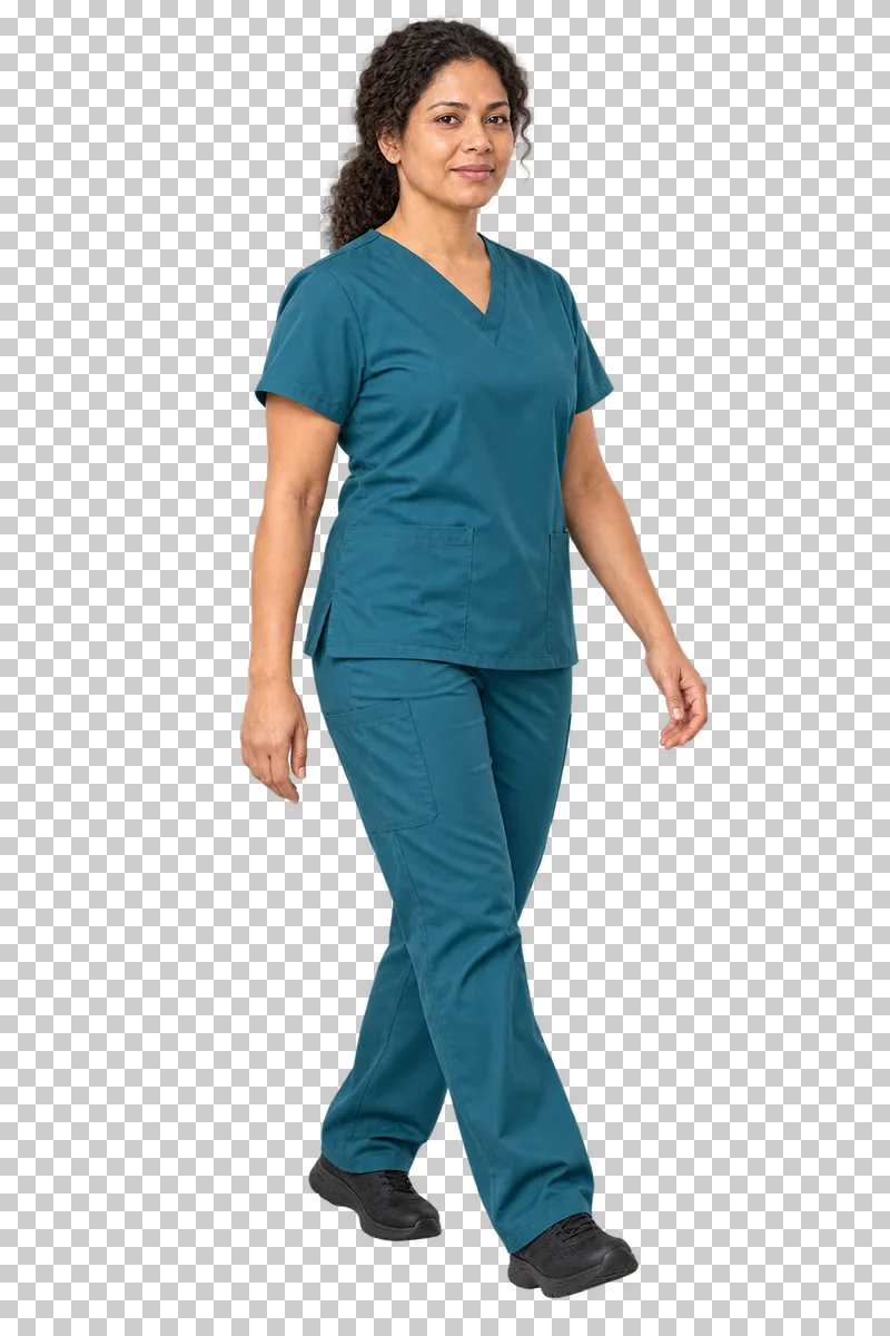 A woman with tied curly hair in muted teal scrubs walking in three-quarter view.