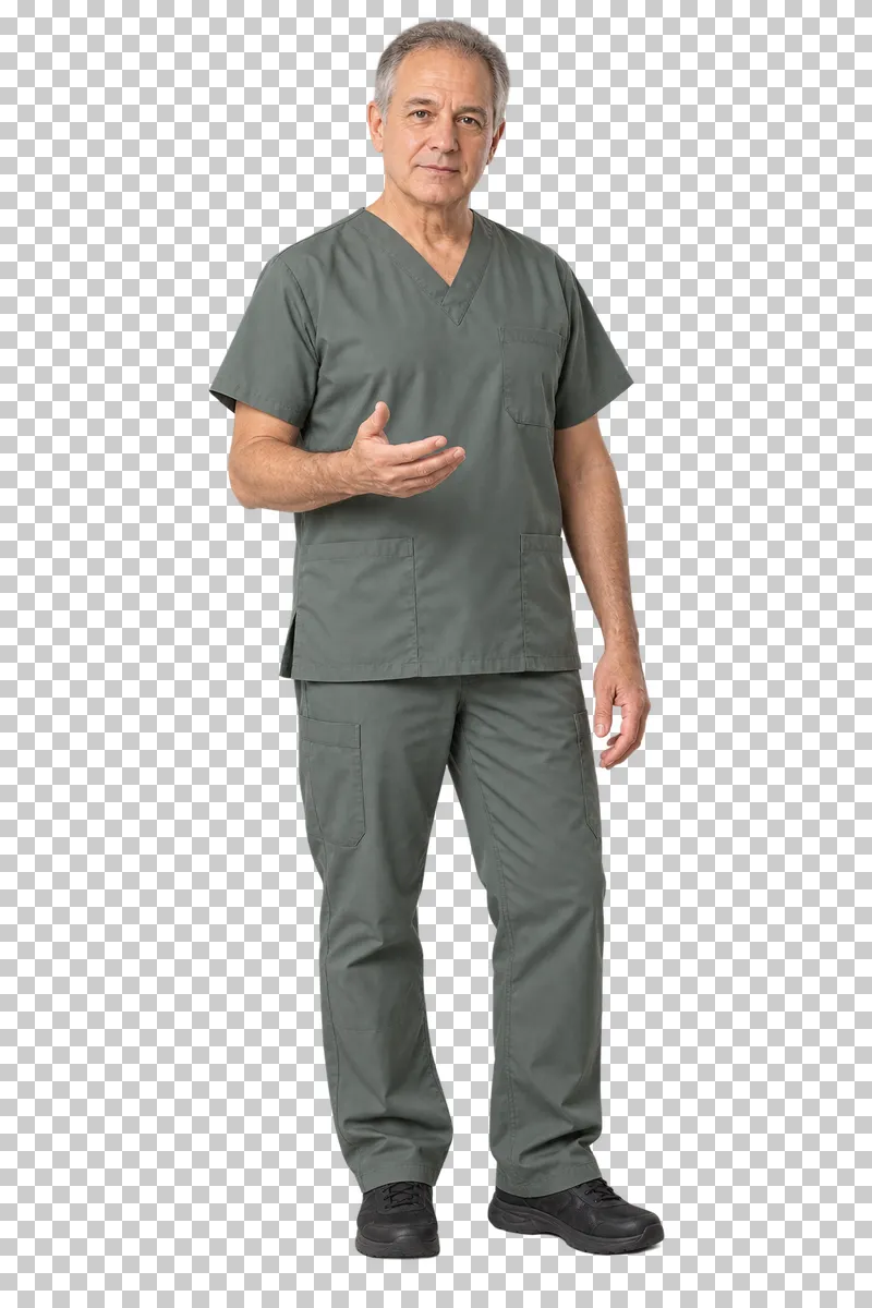 A gray-haired man in gray-green scrubs making a small open-hand explaining gesture.
