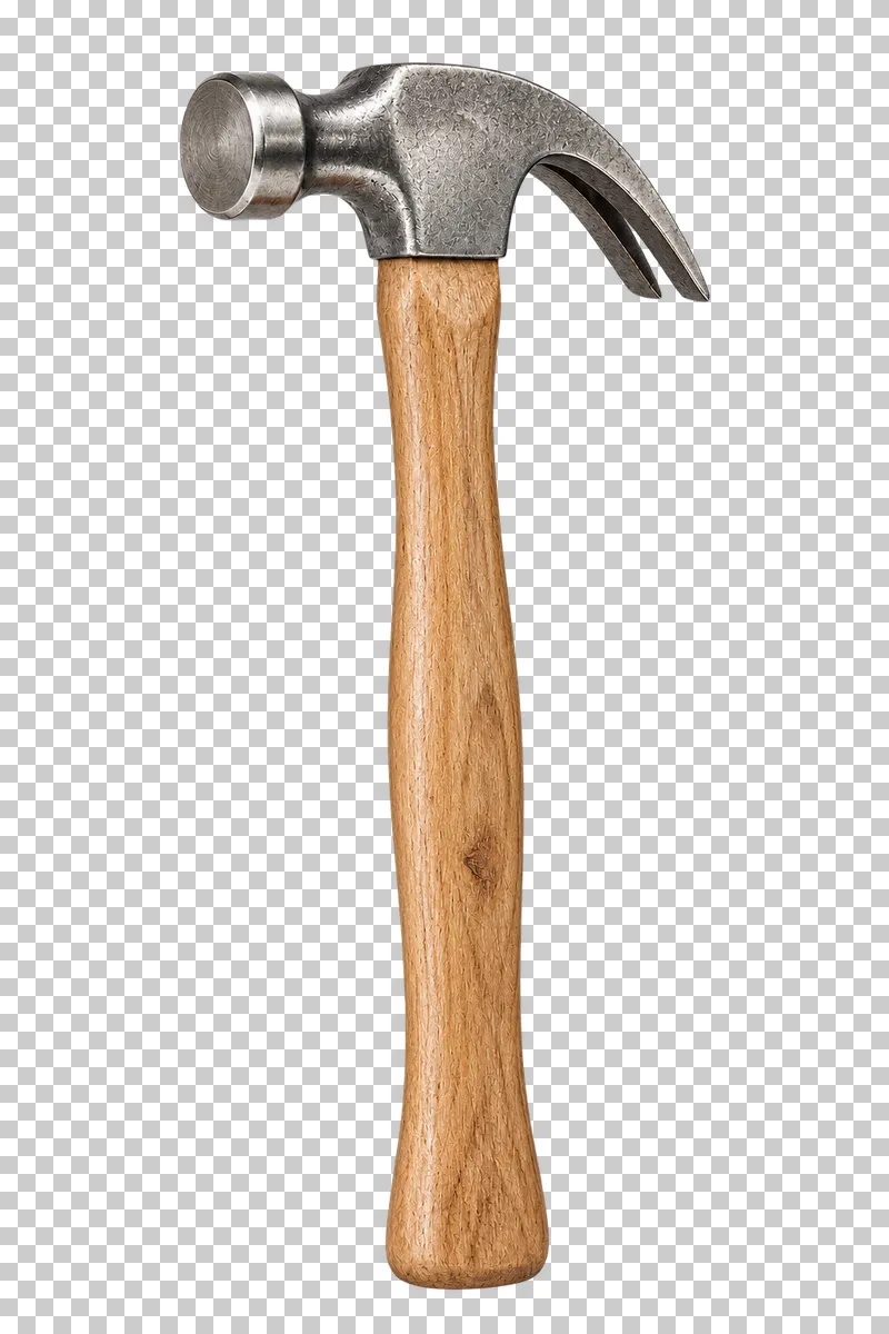 A steel claw hammer with a natural wooden handle and a curved split claw.