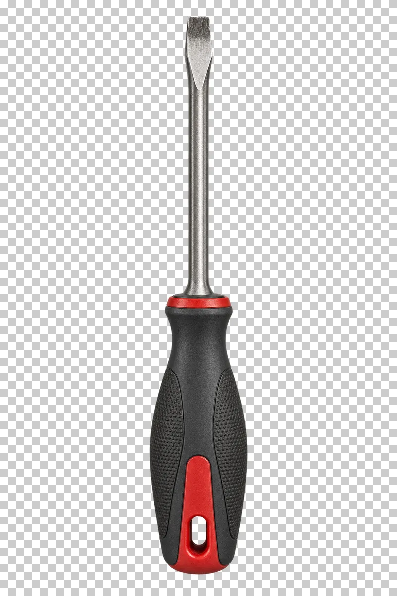 A flathead screwdriver with a steel shaft and a black and red grip.
