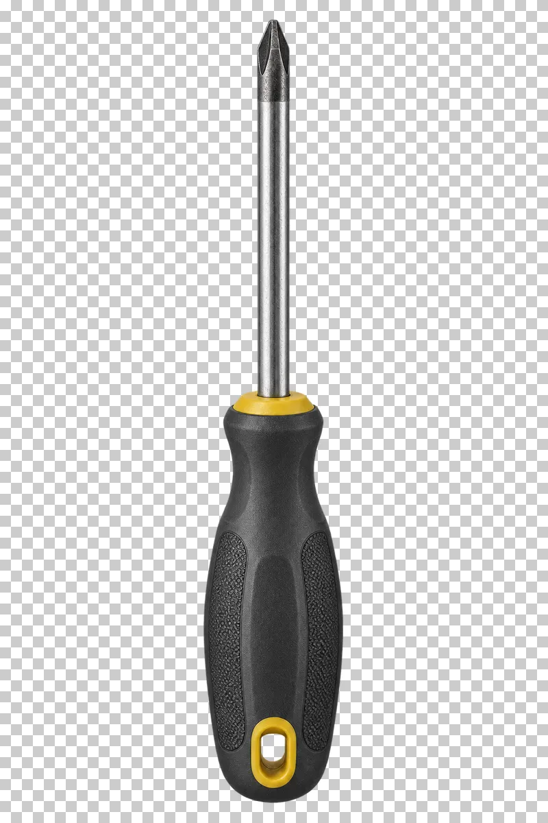 A Phillips screwdriver with a steel shaft and a black and yellow grip.