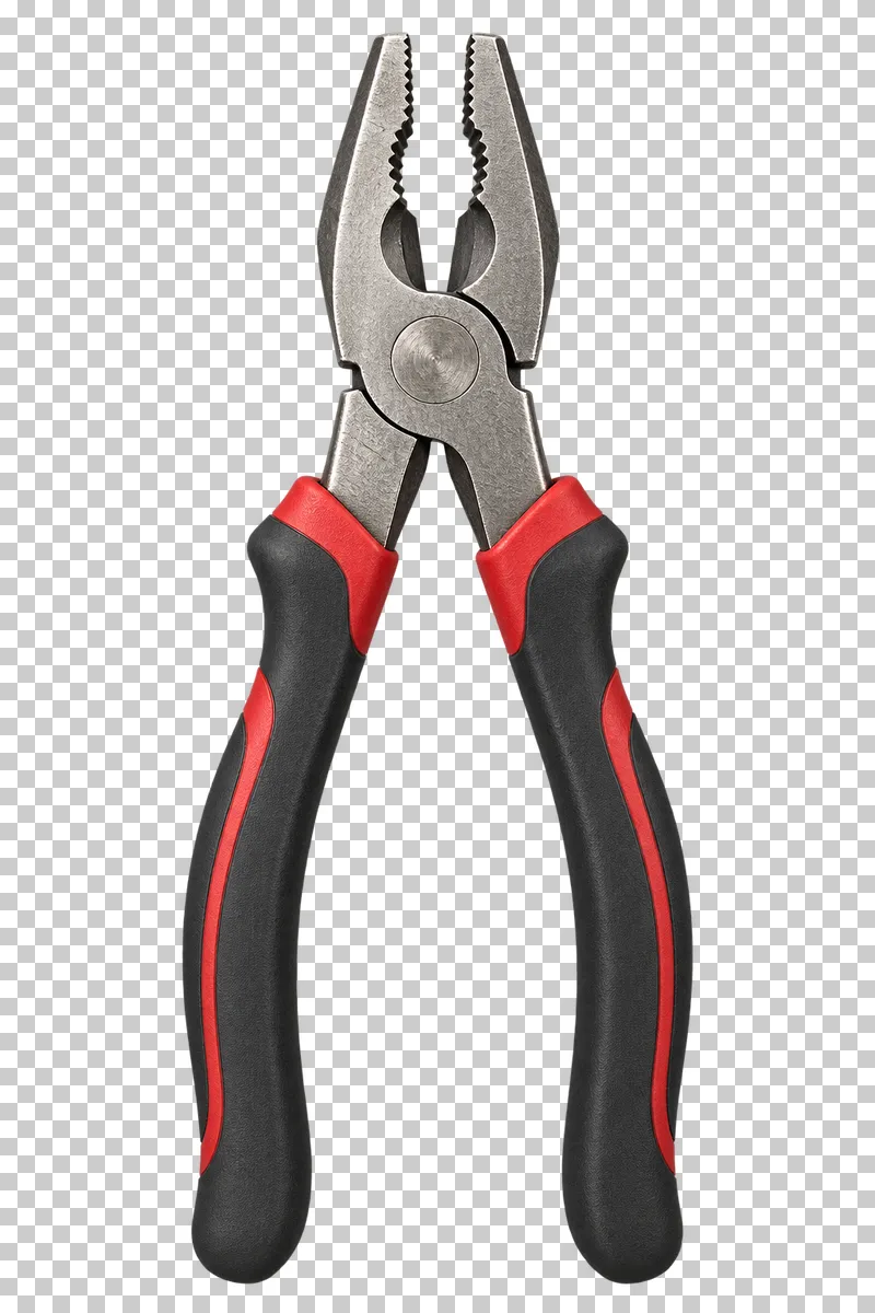 Steel combination pliers with serrated jaws and black and red handles.