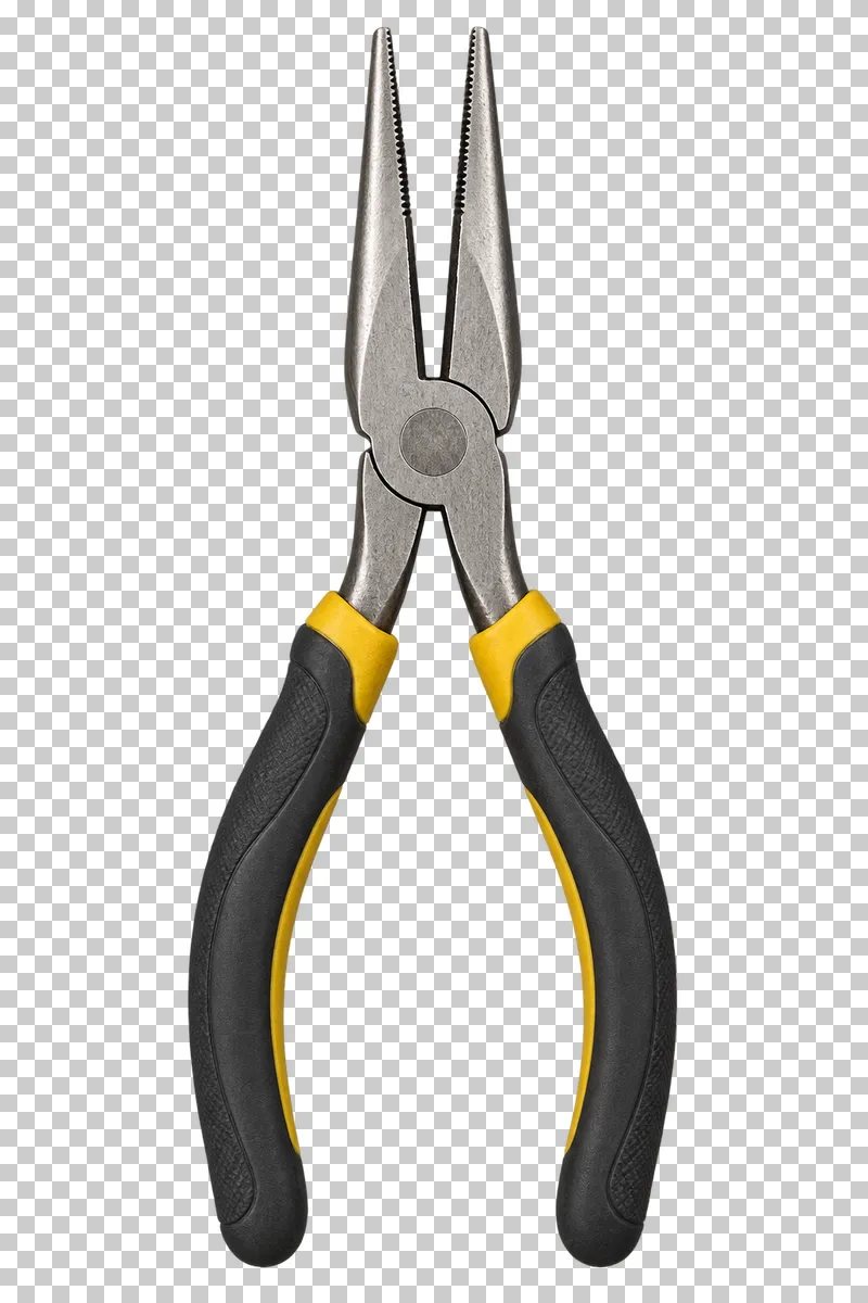 Long-nose pliers with tapered serrated jaws and black and yellow handles.