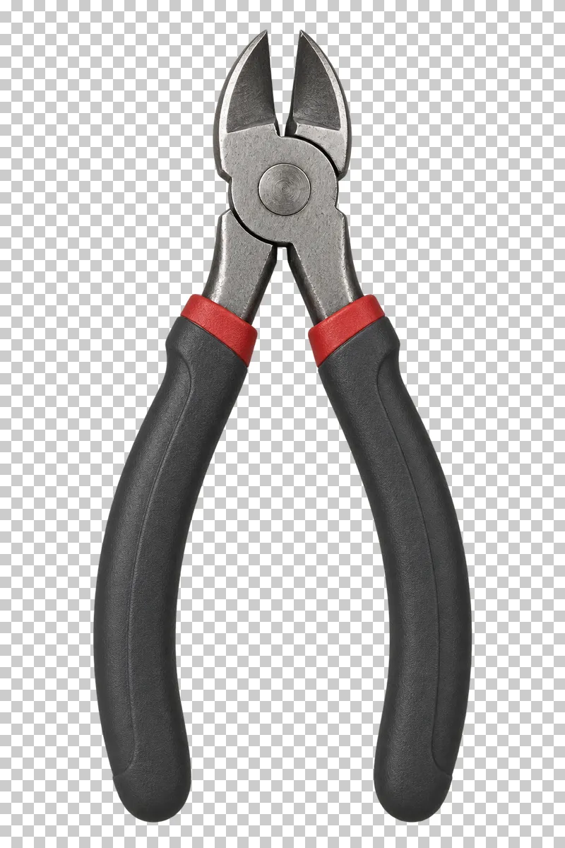 Diagonal cutting pliers with beveled steel jaws and black handles with red accents.
