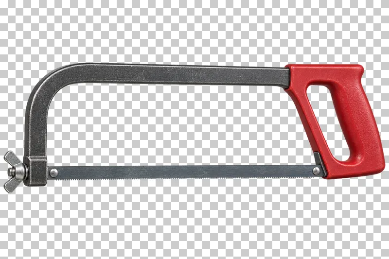 A metal hacksaw with a dark frame, a fine-toothed blade and a red handle.