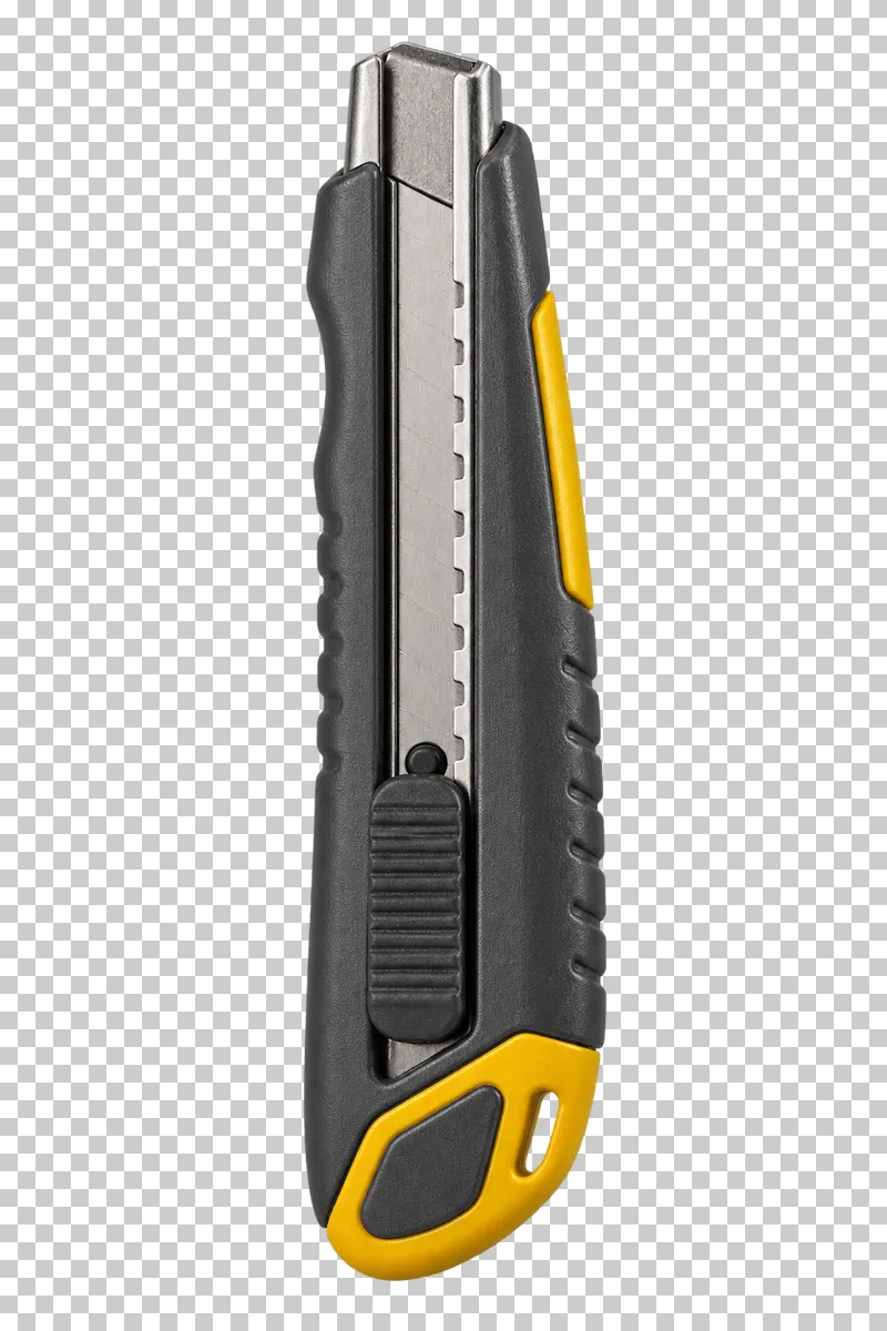 A black and yellow snap-off utility knife with its blade retracted inside the metal guide.
