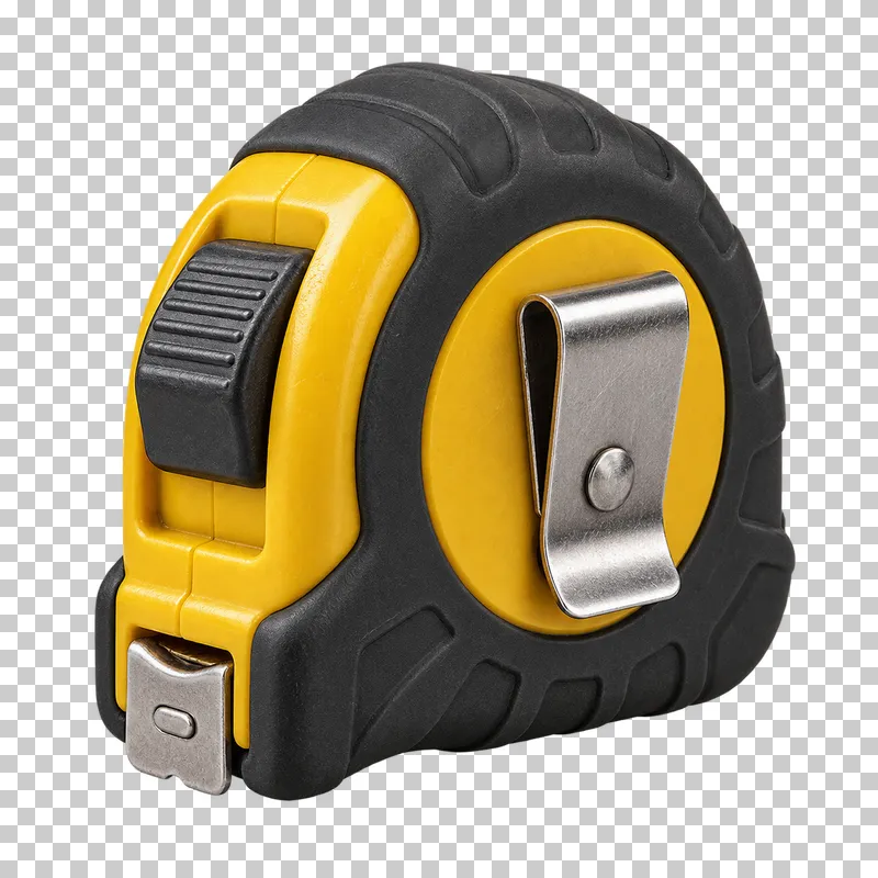 A black and yellow retractable tape measure with a steel belt clip and seated end hook.