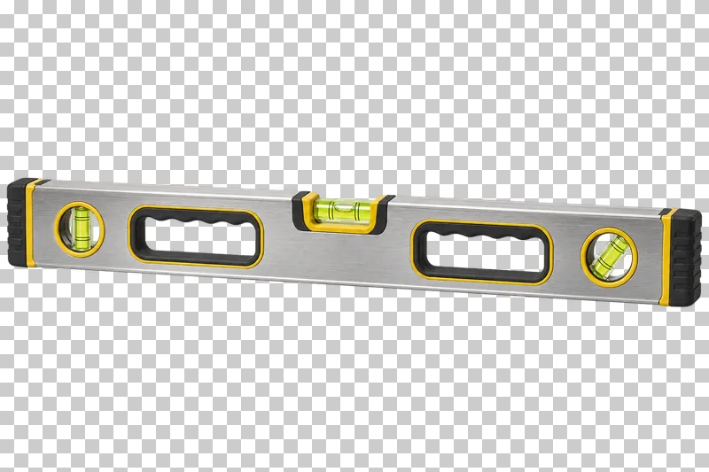 An aluminum spirit level with yellow accents, three bubble vials and two grip openings.