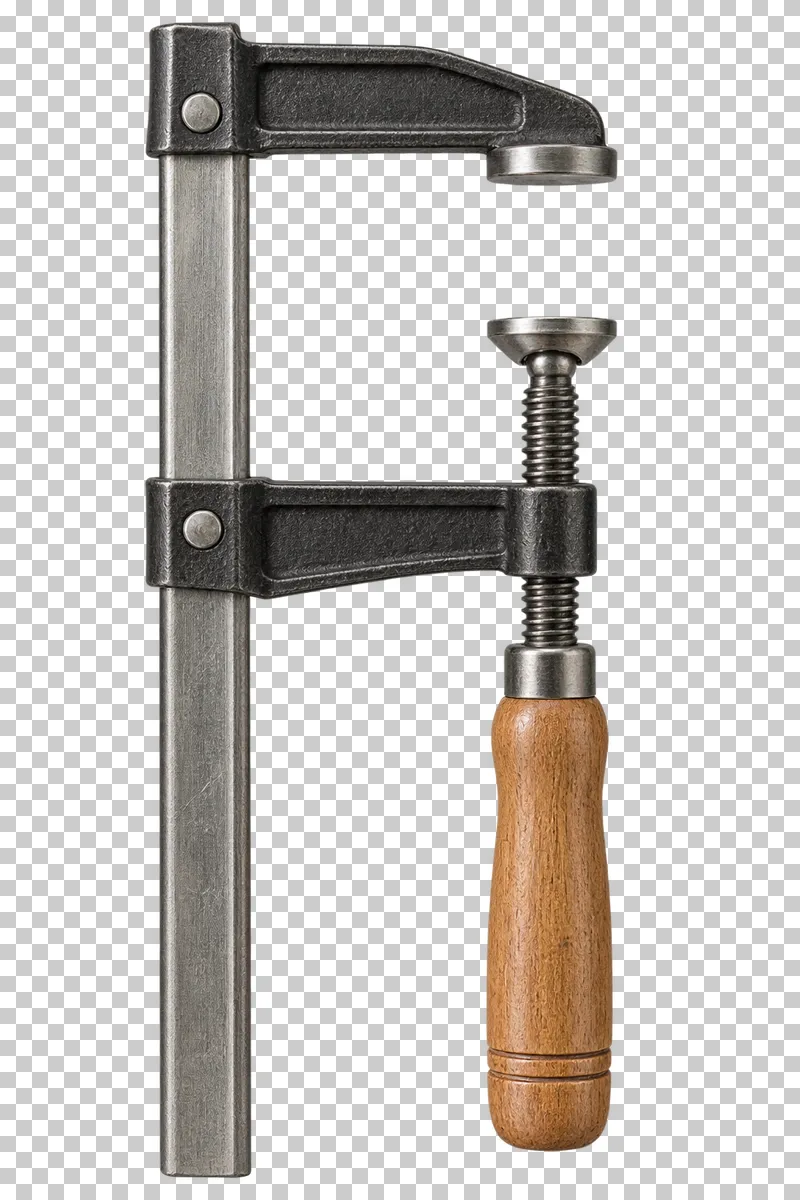 A steel woodworking F-clamp with a threaded spindle and wooden screw handle.