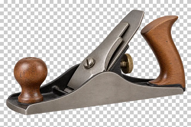 A bench hand plane with a steel sole, angled blade assembly and wooden handles.