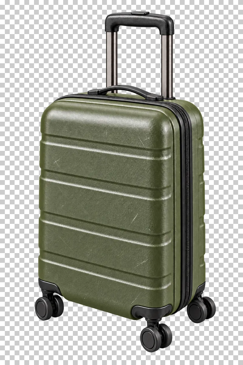 An olive hard-shell cabin suitcase with molded horizontal ribs, an extended handle and spinner wheels.