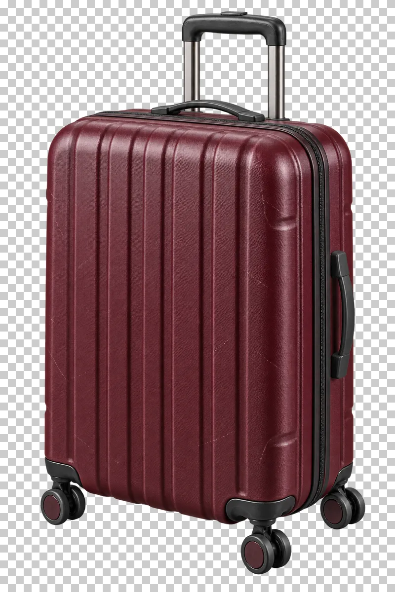 A large burgundy hard-shell suitcase with vertical ribs, top and side handles and spinner wheels.