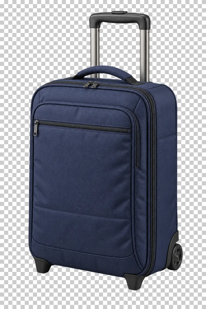 A navy fabric rolling suitcase with closed zip pockets, a telescopic handle, rear wheels and front feet.