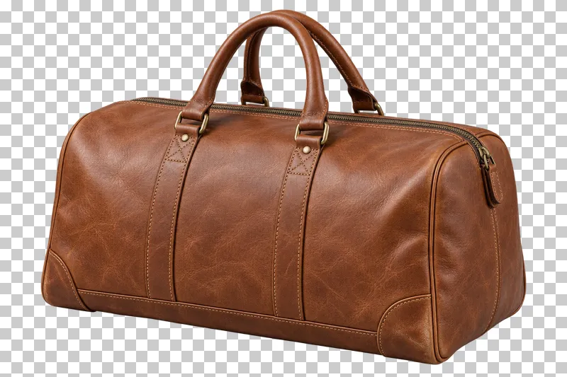 A caramel-brown leather weekender bag with two carry handles, stitched panels and a closed top zipper.