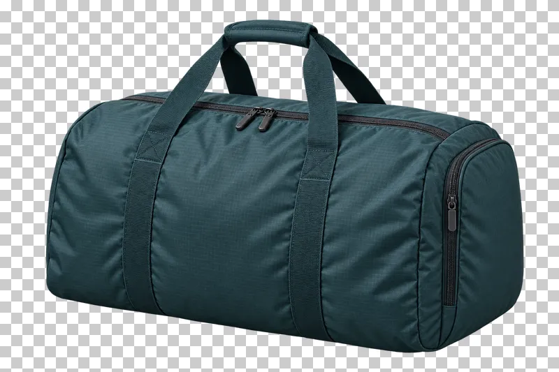 A dark teal nylon duffel bag with webbing handles and closed top and end-pocket zippers.