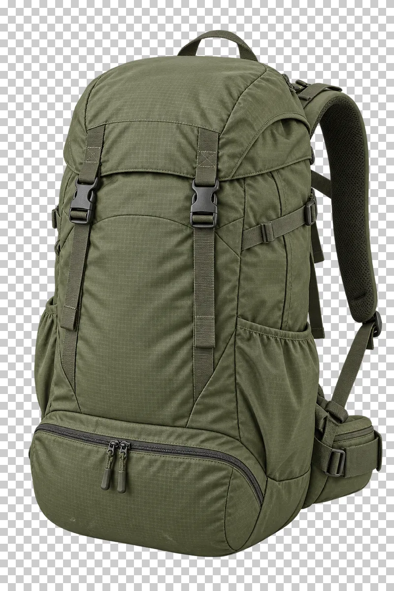 An olive hiking backpack with a buckled top lid, padded shoulder straps and a hip belt.