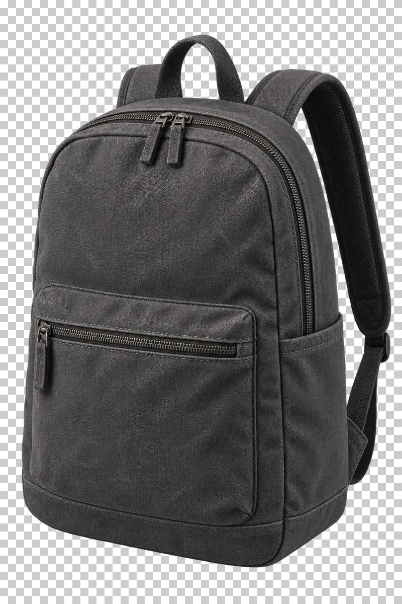 A graphite canvas urban backpack with closed zip compartments and padded shoulder straps.