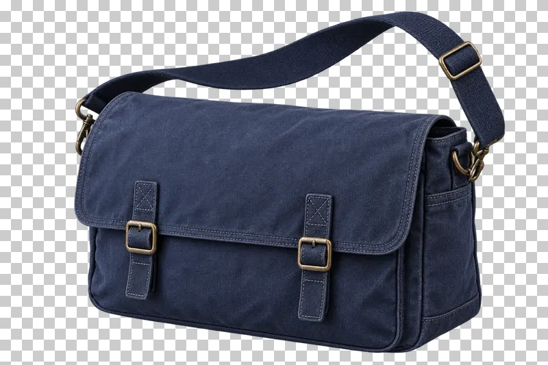 A navy canvas messenger bag with a buckled front flap and an adjustable shoulder strap.