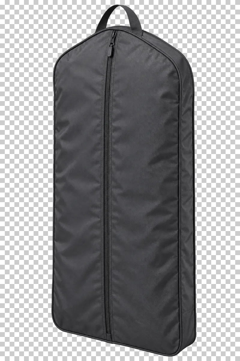 An extended graphite garment bag with a closed central zipper and a short top carry loop.