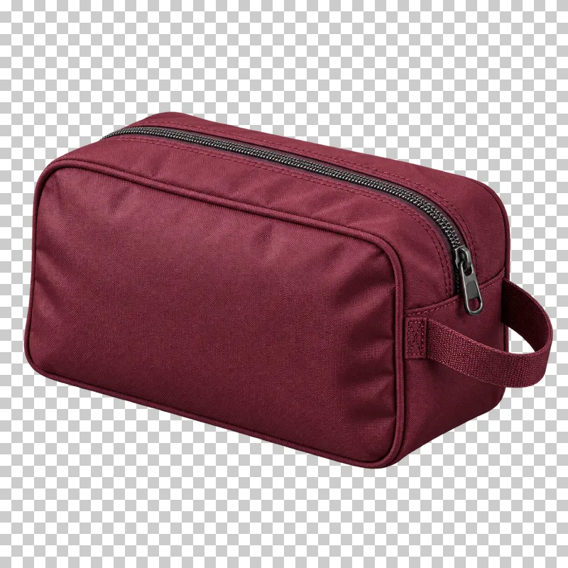 A burgundy nylon travel toiletry bag with a closed top zipper and a small side loop.